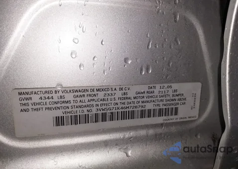 2006 Volkswagen Jetta 2.5 z USA, uszkodzony, nr VIN 3VWSG71K46M728792